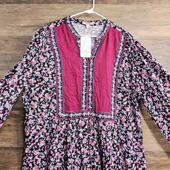 Woman Within Long Sleeve Floral Dress - Burgundy and Black - Picture 7 of 8